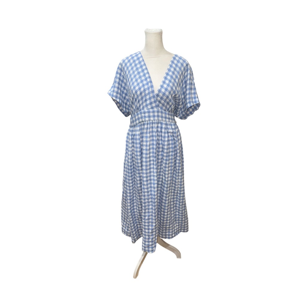 HATCH Blue Gingham Cotton V-Neck Midi Dress Maternity Friendly Size 4